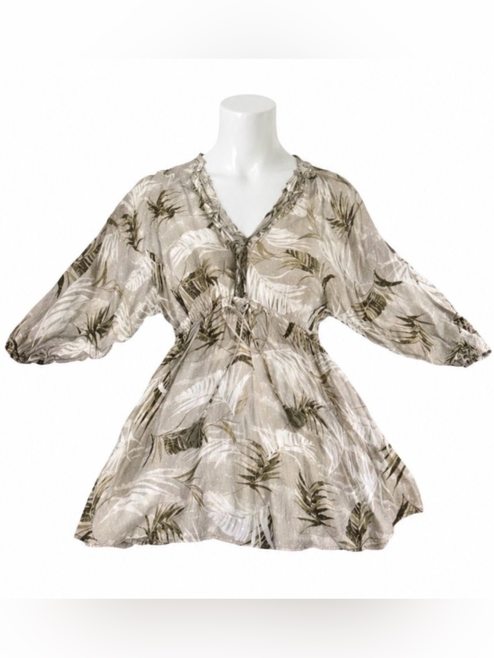 Boho Tropical Print Modal Tunic Dress Size S | Flowy V-Neck Tie Waist beach